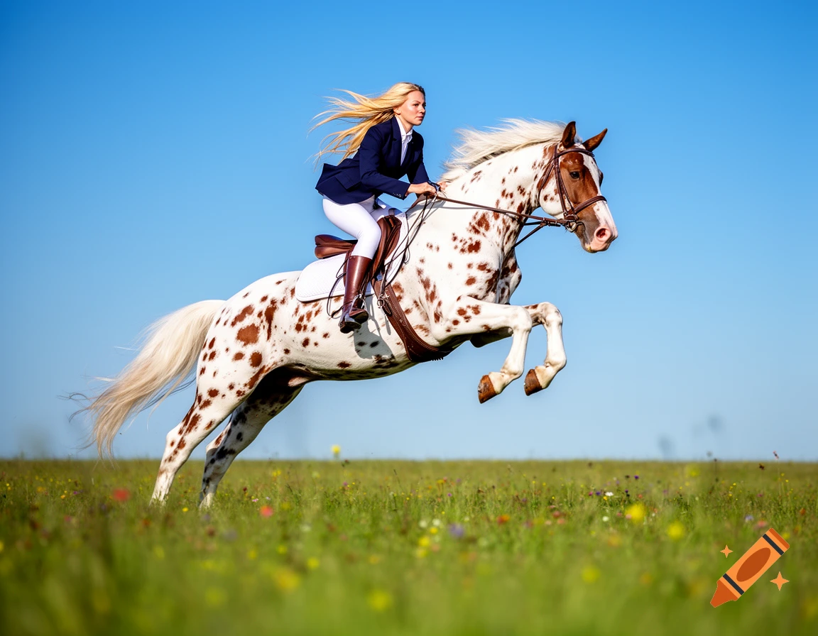 A blonde equestrian on a spotted white and brown horse jumps high over a green field under a clear blue sky.
