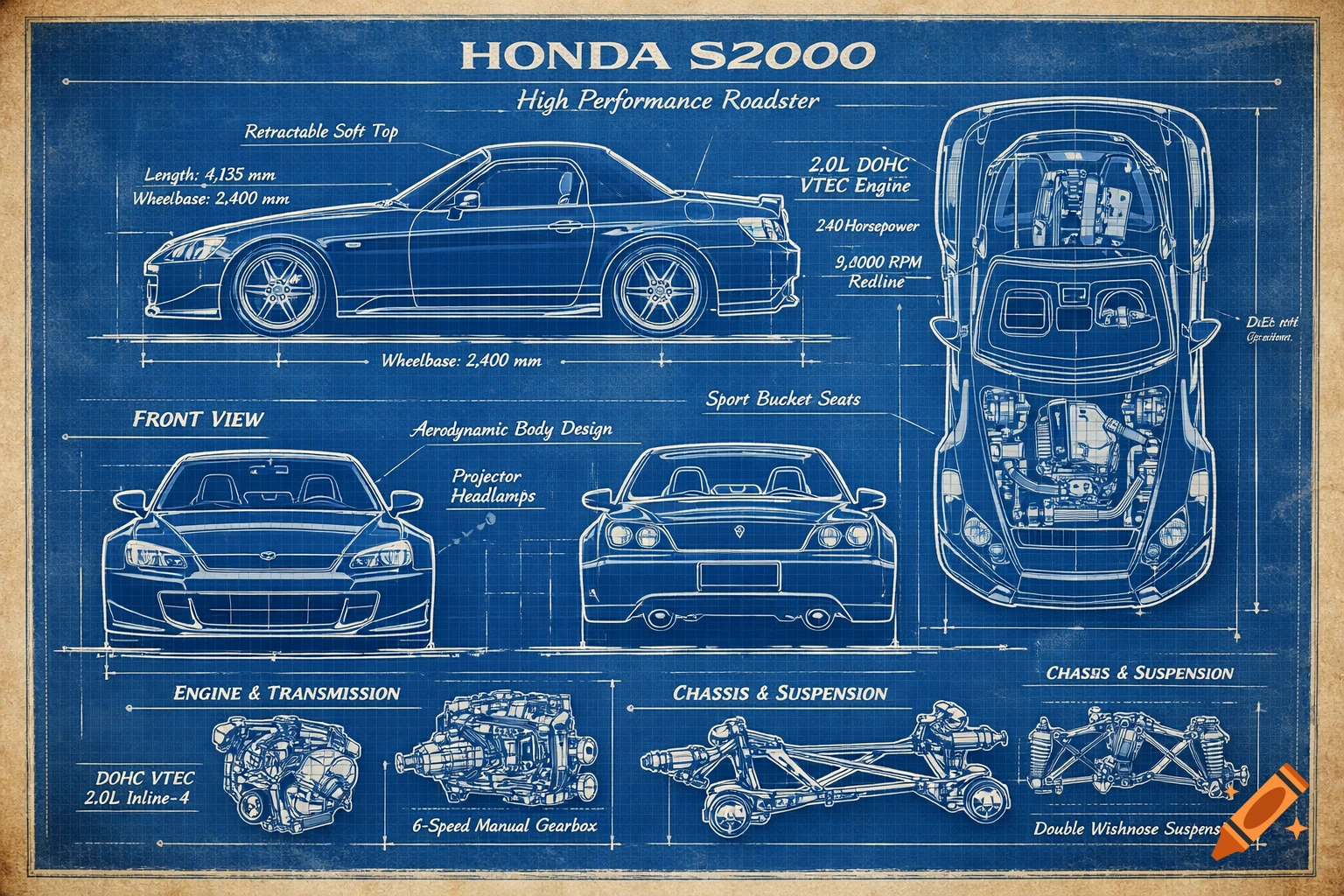 Blueprint-style diagram of a Honda S2000, showing side, front, rear, and top views, plus engine, transmission, chassis, and suspension details.