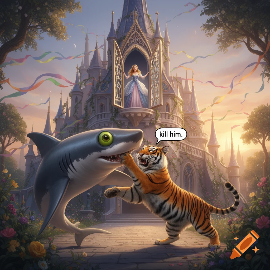 A cartoon shark with large green eyes and a tiger fight in front of a fairy tale castle. A princess in a blue dress looks out a window and says "kill him".