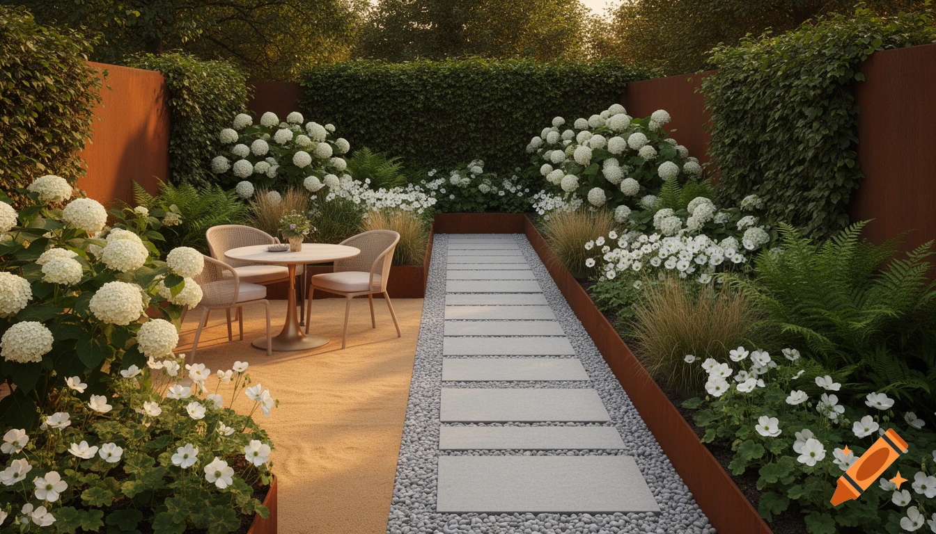 Photorealistic modern garden with a sand patio, outdoor dining set, stone path, white hydrangeas, ferns, and corten steel edging.