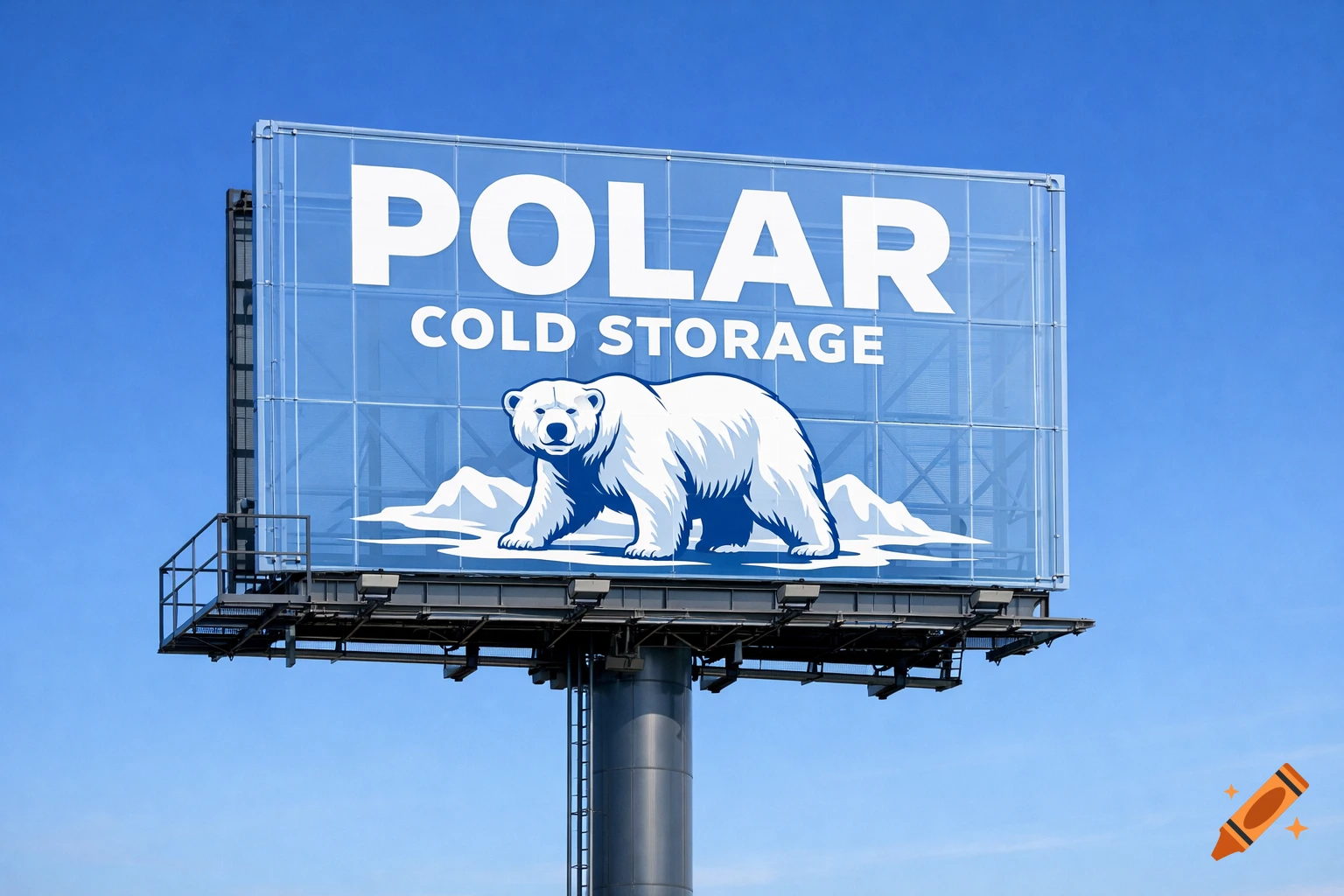 A photorealistic billboard against a clear blue sky, displaying 'POLAR COLD STORAGE' and a white polar bear illustration.