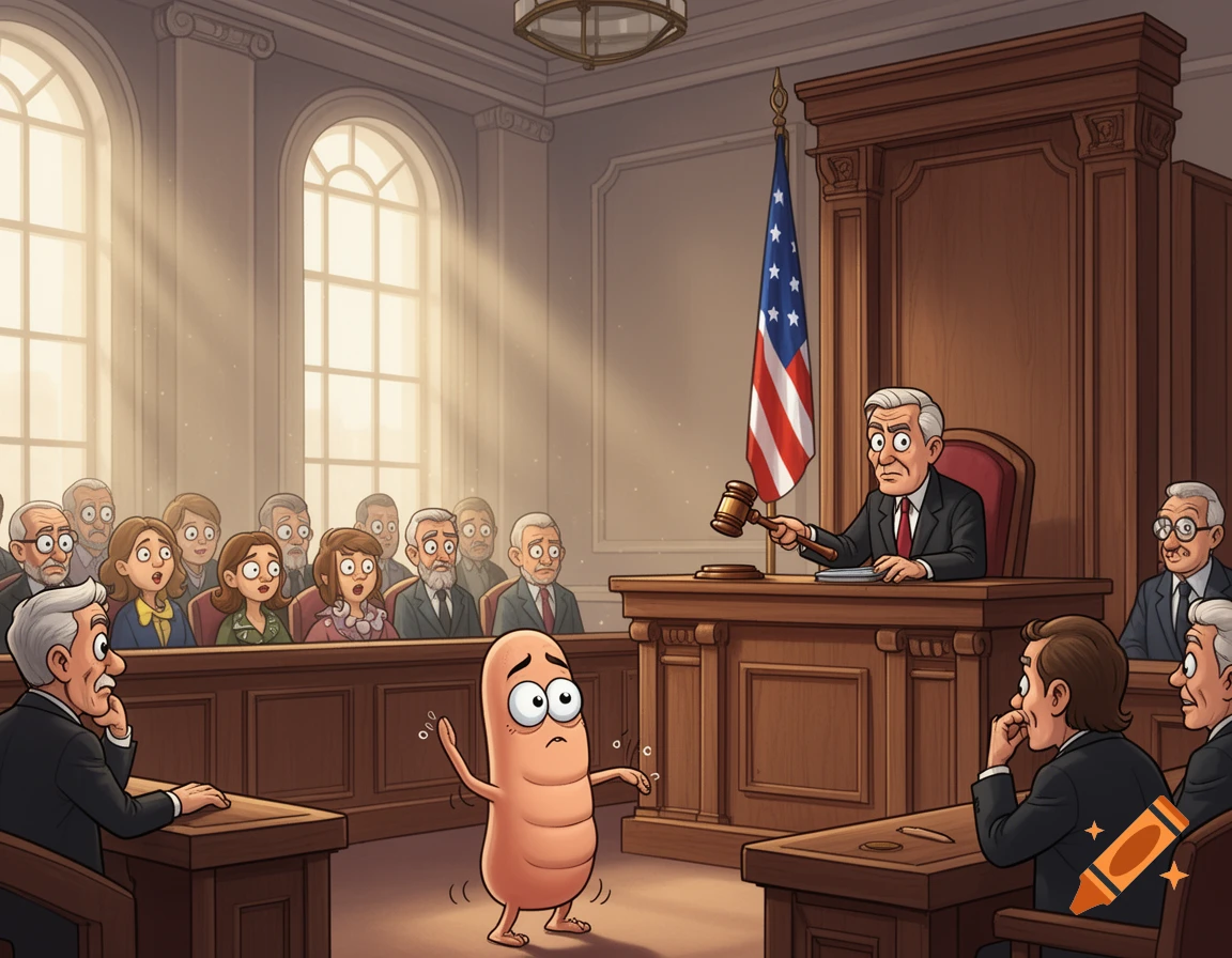 Cartoon of a nervous, anthropomorphic sausage-like figure on trial in a solemn courtroom, facing a stern judge and shocked jury.