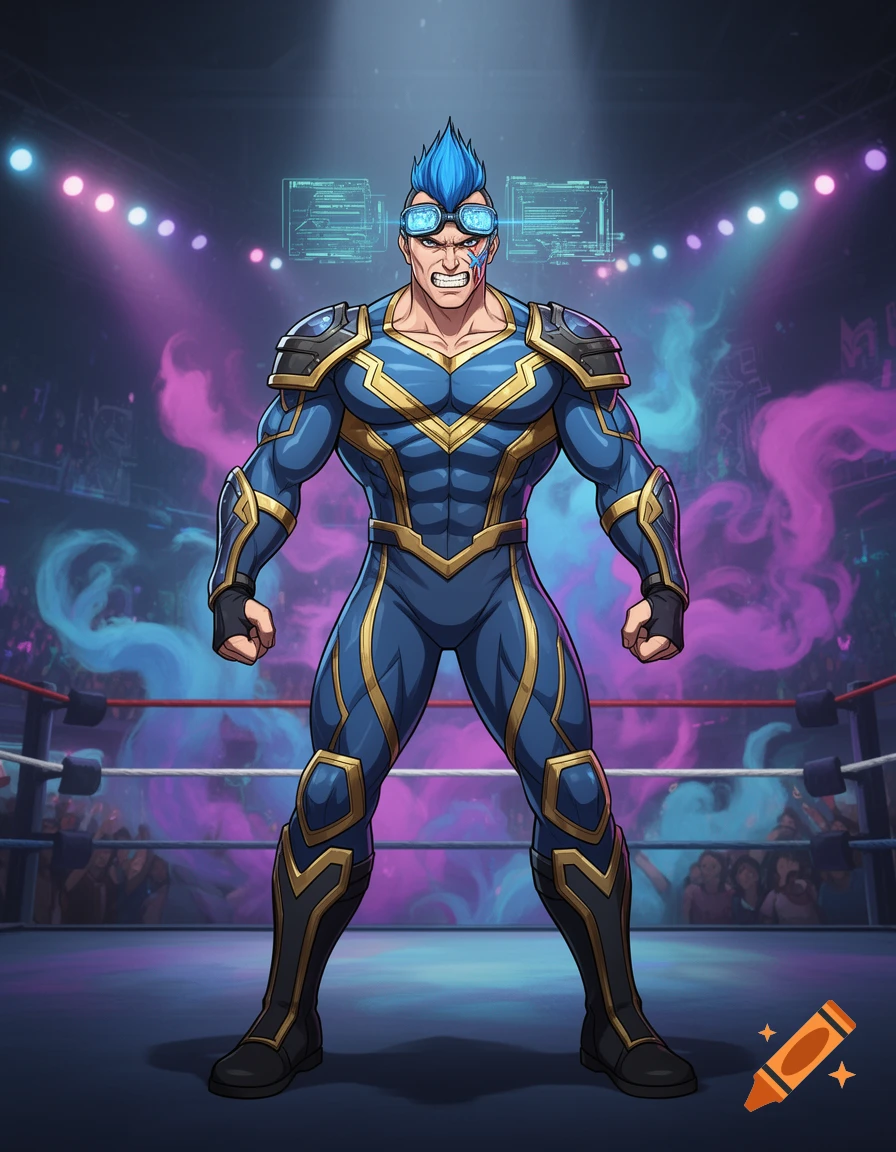 A muscular male wrestler with blue spiked hair, goggles, and a blue and gold superhero costume stands in a wrestling ring under bright lights.