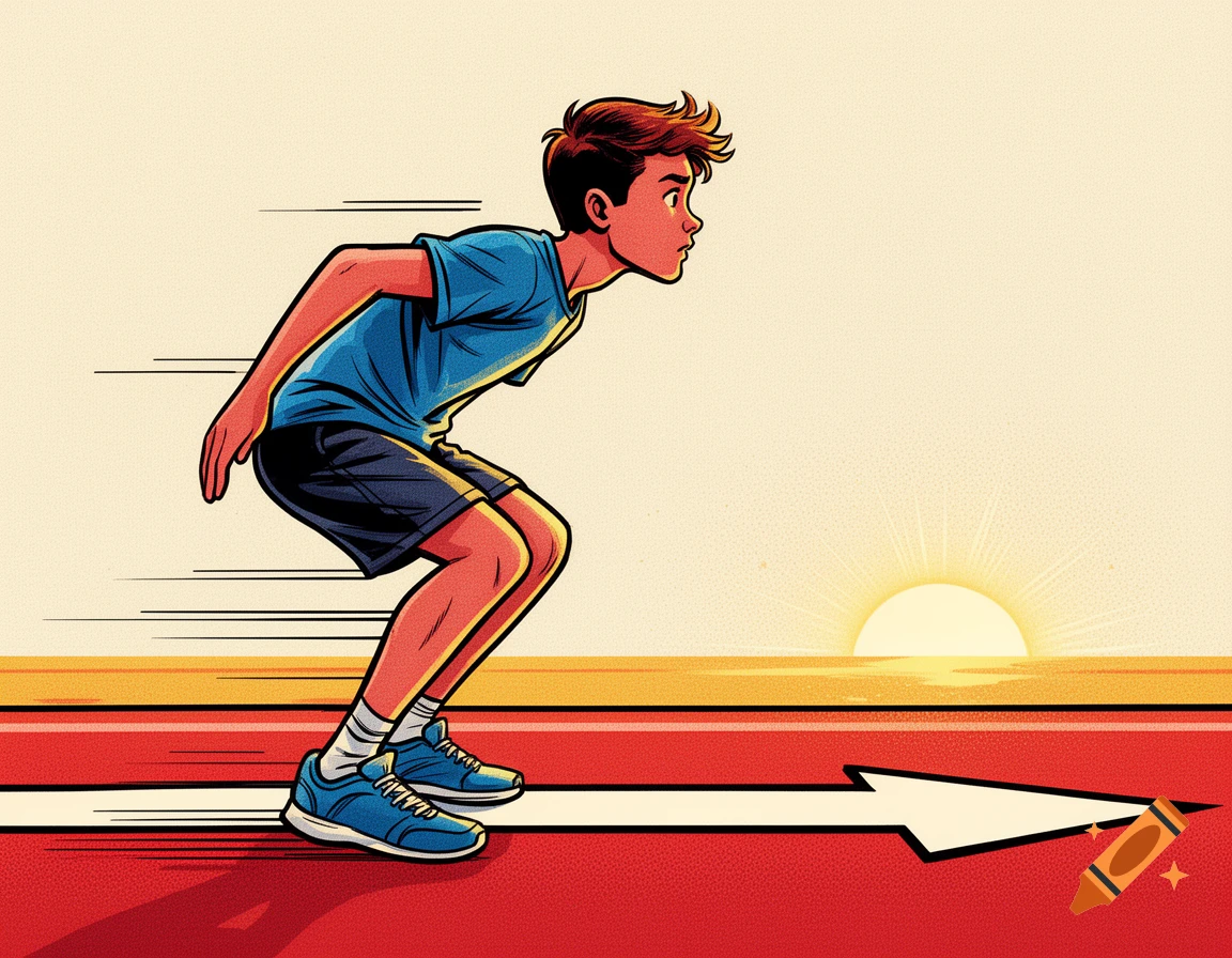 Comic style illustration of a young man in a starting pose on a red running track with an arrow, facing a rising sun.