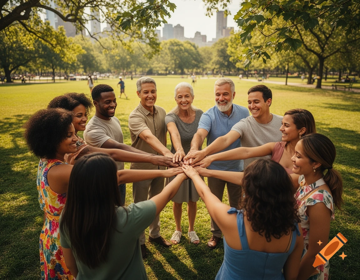 Diverse group of smiling people in a huddle, hands touching in the center, in a sunny park with city buildings in the background.