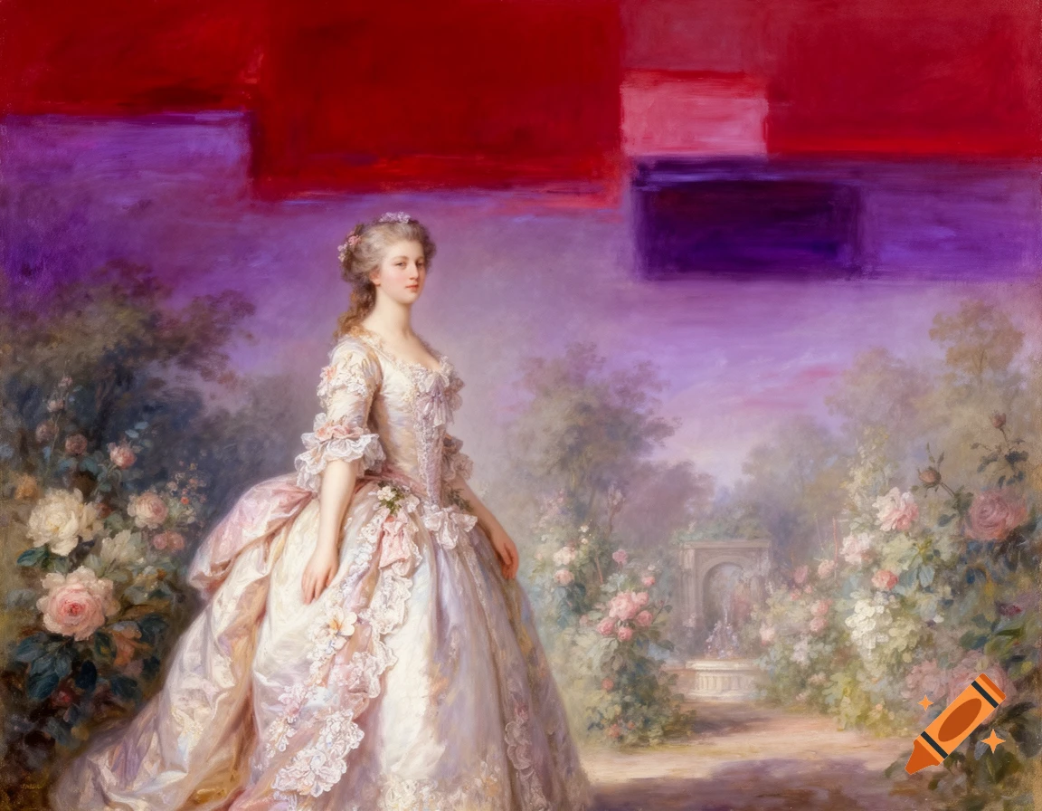 A rococo painting of a woman in an elegant dress in a rose garden, with an abstract sky of red and purple color blocks.
