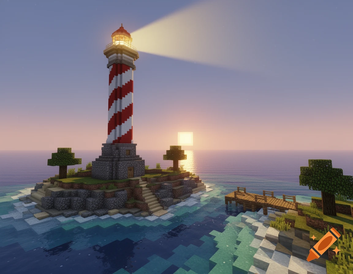 A Minecraft-style lighthouse with red and white stripes on a small island, shining a beam of light over the ocean at sunset.