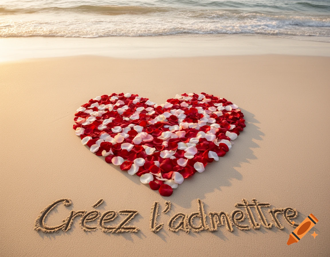 Red and white rose petals form a heart on a sandy beach. Waves gently roll in the background. The text "Créez l'admettre" is written in the sand below the heart.