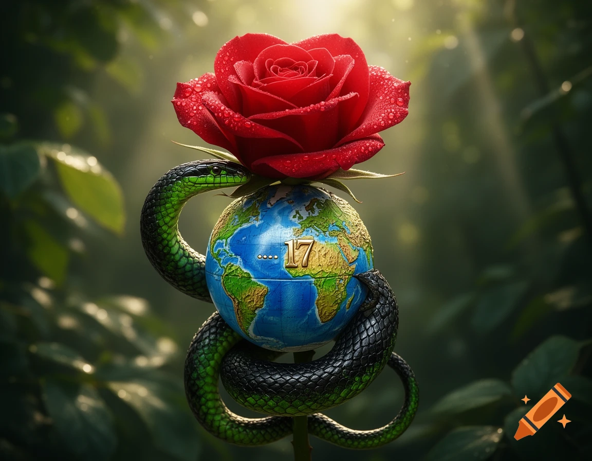 A vibrant green and black snake coils around a miniature globe, which is surmounted by a dew-kissed red rose, all set against a blurred lush green forest background. The number 17 is visible on the globe.