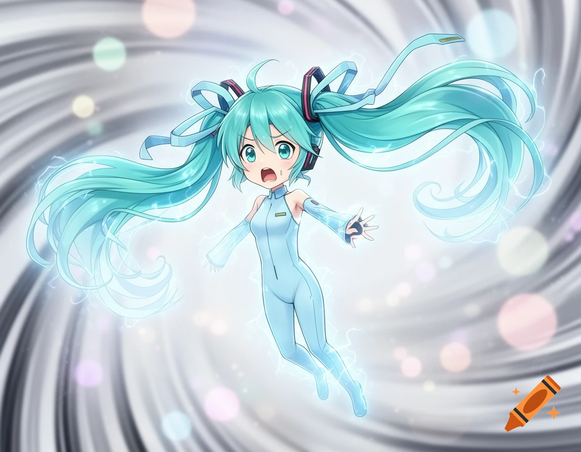 Hatsune Miku in a pale blue suit, panicking with a glowy outline, floating against a swirling background in anime style.