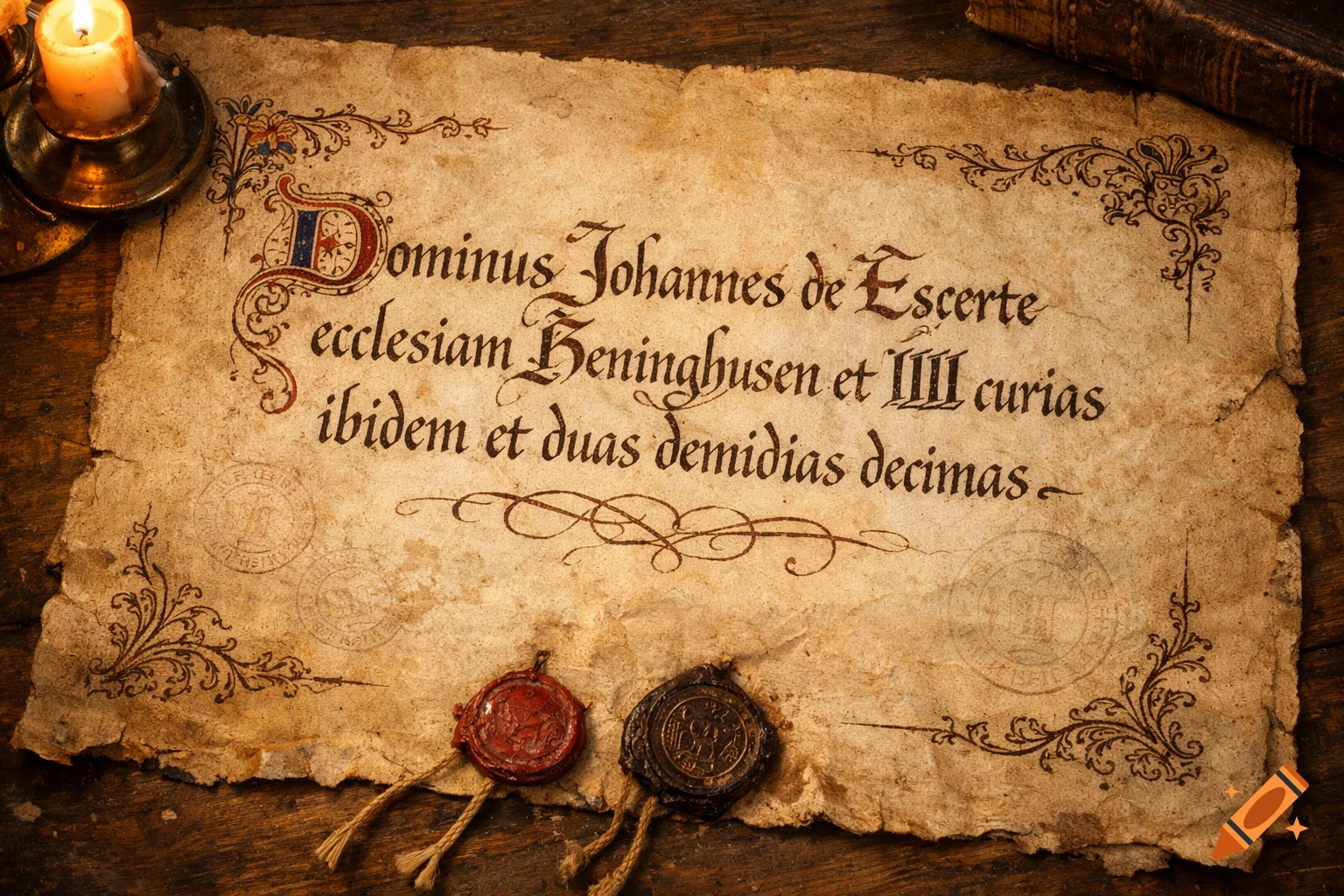 A photorealistic image of a medieval parchment document with Latin calligraphy, an illuminated initial, and two wax seals, next to a lit candle.