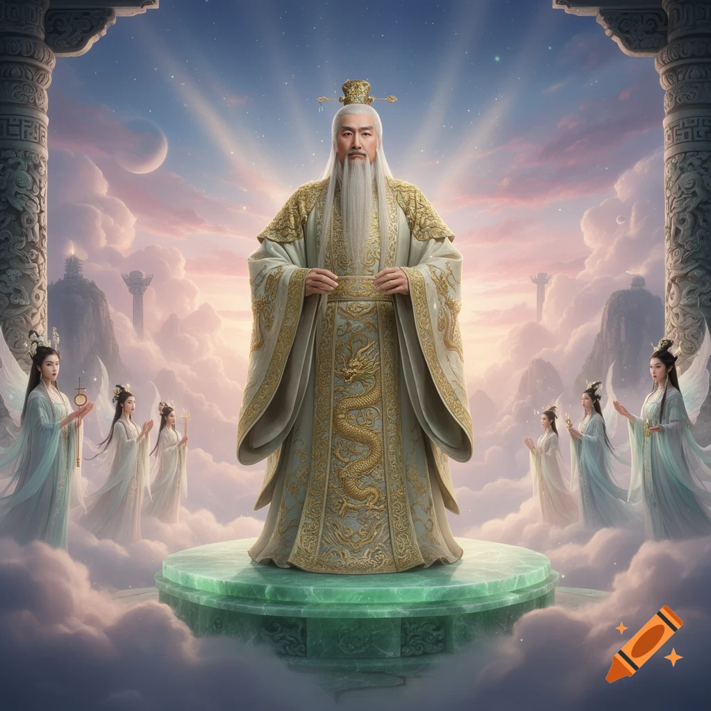 A majestic bearded old man in ornate white and gold robes stands on a jade platform amidst celestial clouds, surrounded by attendants.