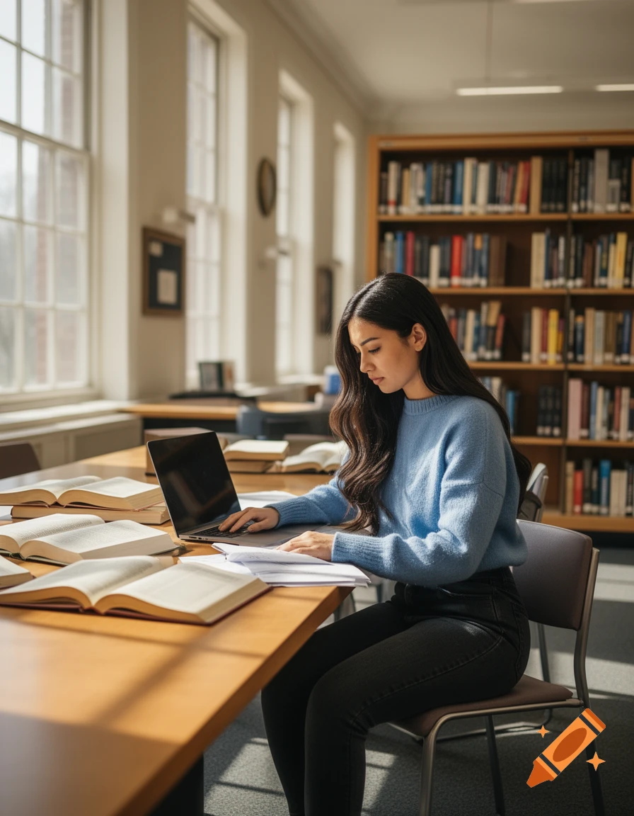 A woman studies on a laptop with open books at a long wooden table in a sunlit library, photorealistic.