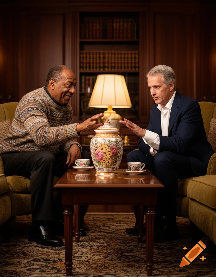 Bill Cosby and Jeffrey Epstein reaching for a floral cookie jar on a wooden table in a well-lit study with bookshelves.