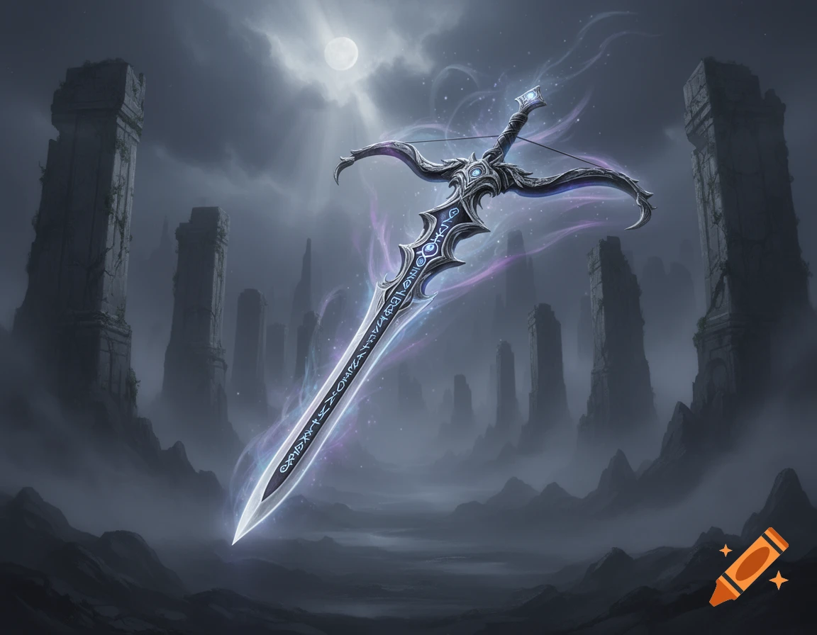 A glowing, ornate fantasy sword with arcane runes floats among ancient ruins under a moonlit, cloudy sky.