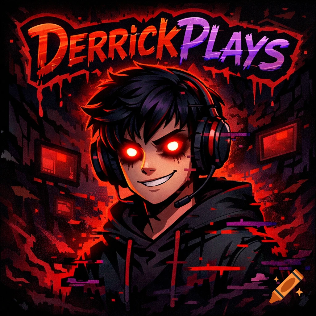 Stylized cartoon avatar of a male gamer with glowing red eyes, headphones, glitch effects, and 'DerrickPlays' text.