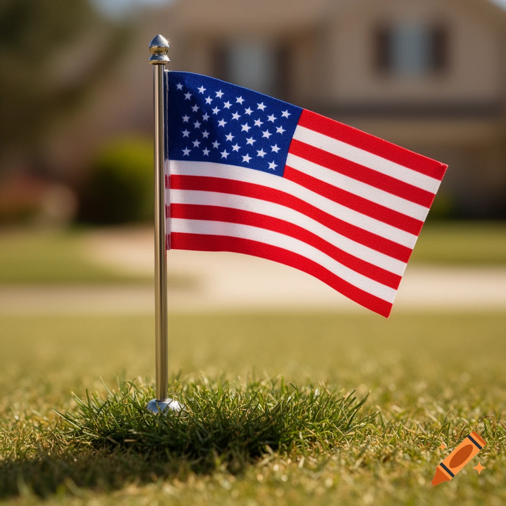 A small American flag on a pole planted in green grass with a blurred house in the background.