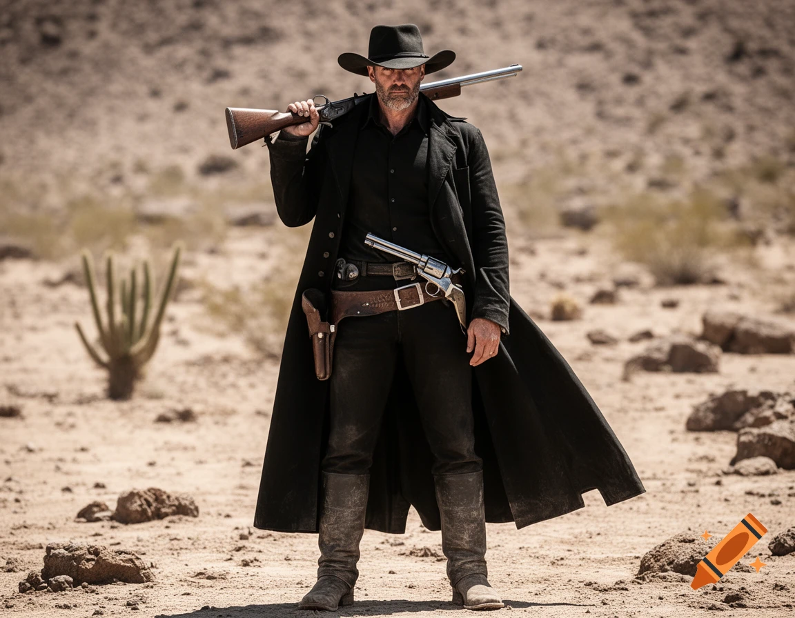 A man in a black cowboy hat and duster coat holds a rifle over his shoulder, a pistol in his belt, in a photorealistic desert scene.