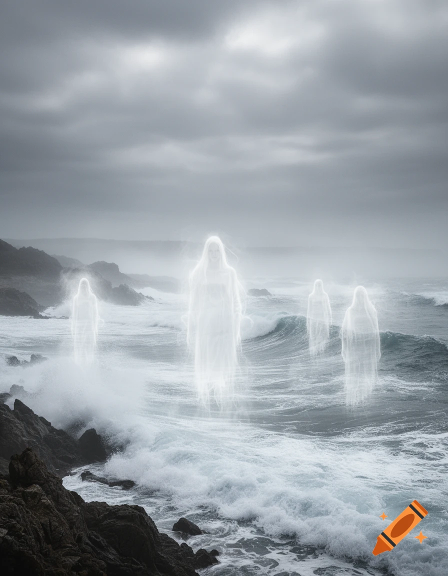 Ethereal white ghost figures hover over a dark, stormy ocean with crashing waves and rocky shores under a cloudy sky.