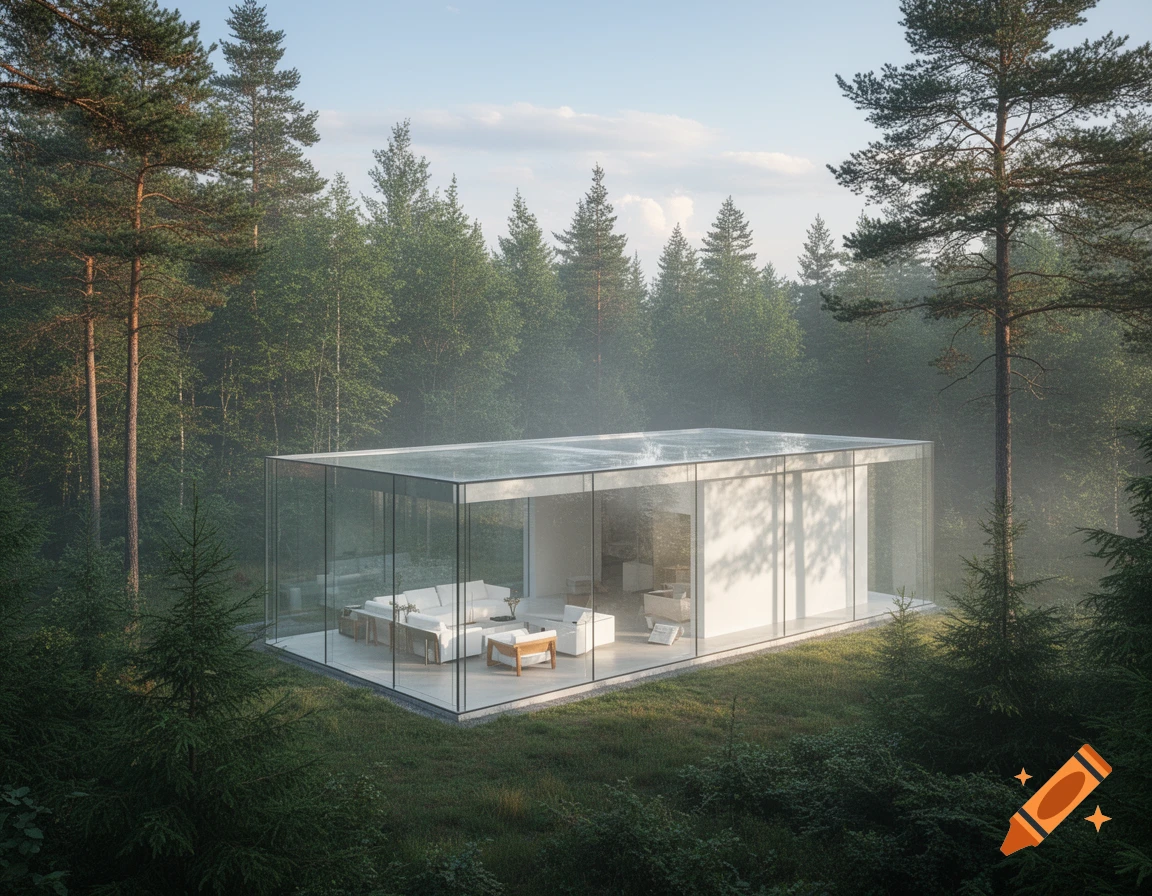 Photorealistic image of a transparent glass house with white furniture in a foggy forest.