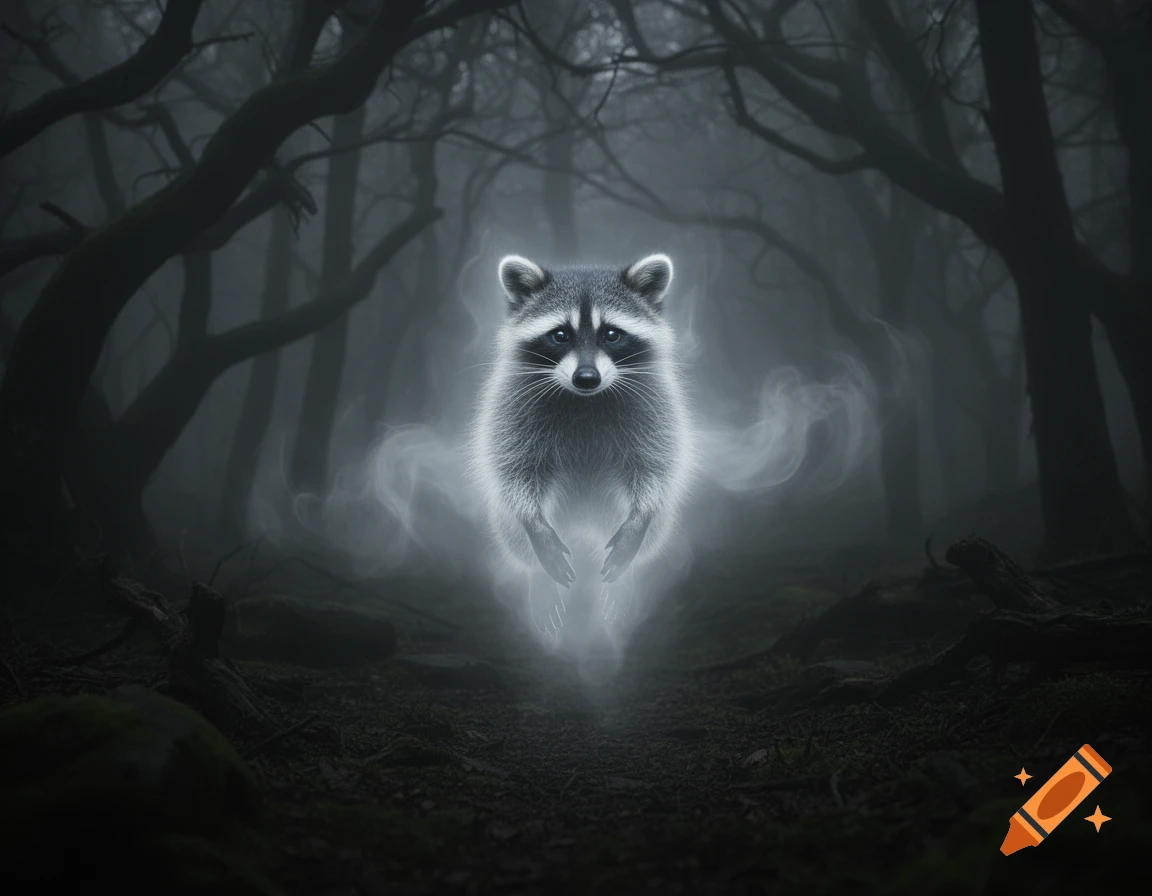 A glowing, spectral raccoon spirit floats in a dark, misty forest with bare trees.