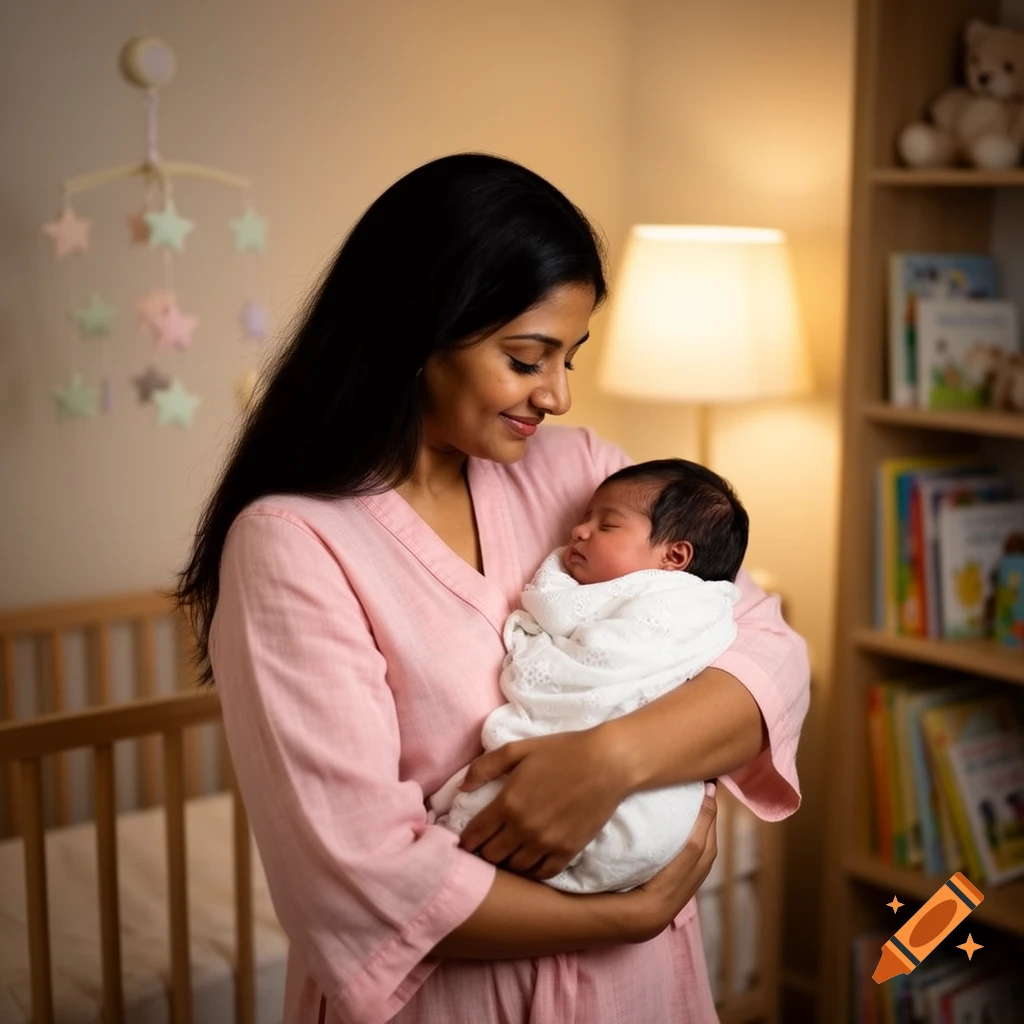 A smiling mother in a pink top holds her sleeping newborn baby wrapped in a white blanket in a dimly lit nursery.