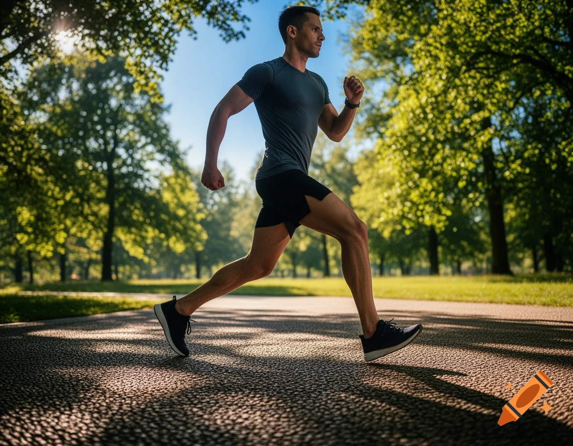 A man running on a tree-lined path in a park on a sunny day.
