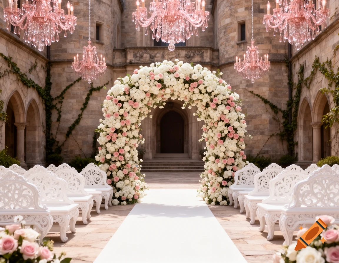Elegant wedding ceremony setup in a castle courtyard with a white and pink floral arch, white benches, and pink chandeliers.