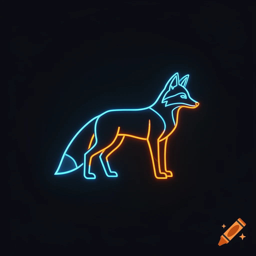 A minimalist neon outline of a fox standing, glowing blue and orange against a dark background.