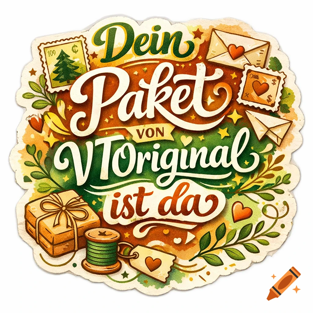 A vintage-style sticker with 'Dein Paket von VTOriginal ist da' text, featuring illustrations of a gift, envelopes, and craft supplies.
