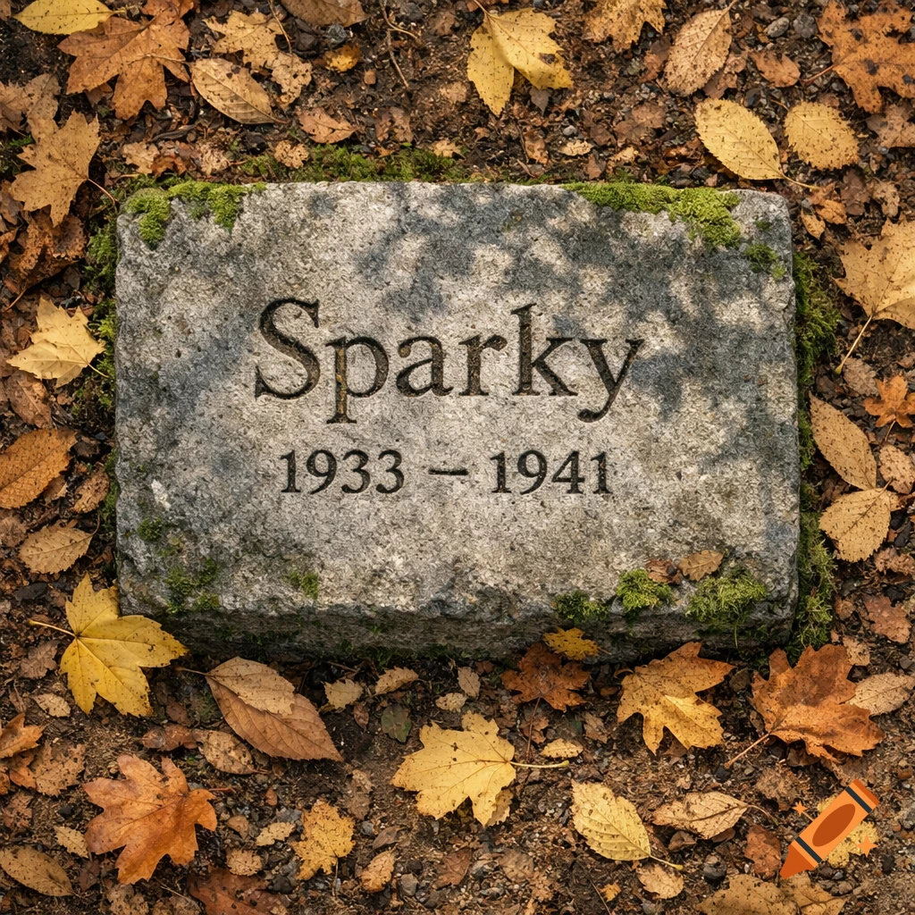 A close-up, top-down view of a grey pet gravestone engraved with 'Sparky 1933-1941', surrounded by fallen autumn leaves.