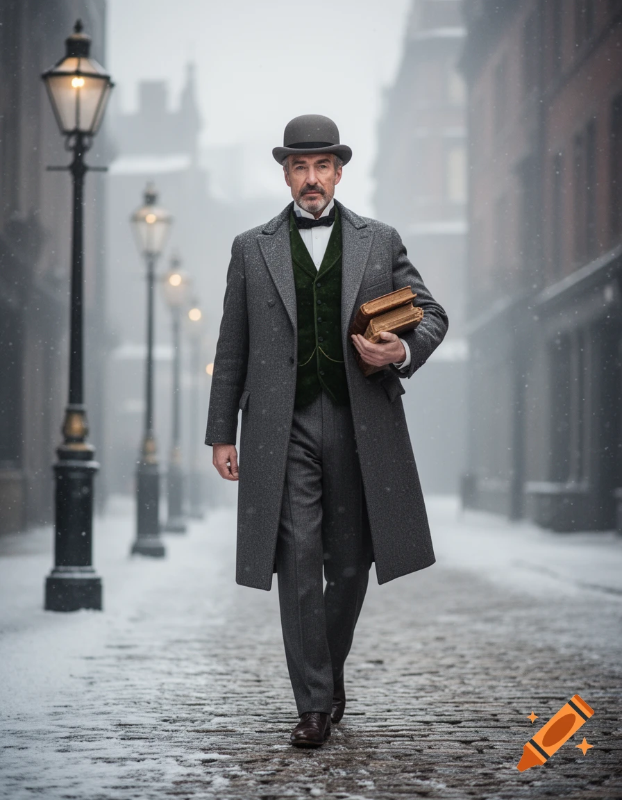 A photorealistic image of a Victorian gentleman in a gray coat and green vest, holding books and walking down a snowy cobblestone street with gas lamps.