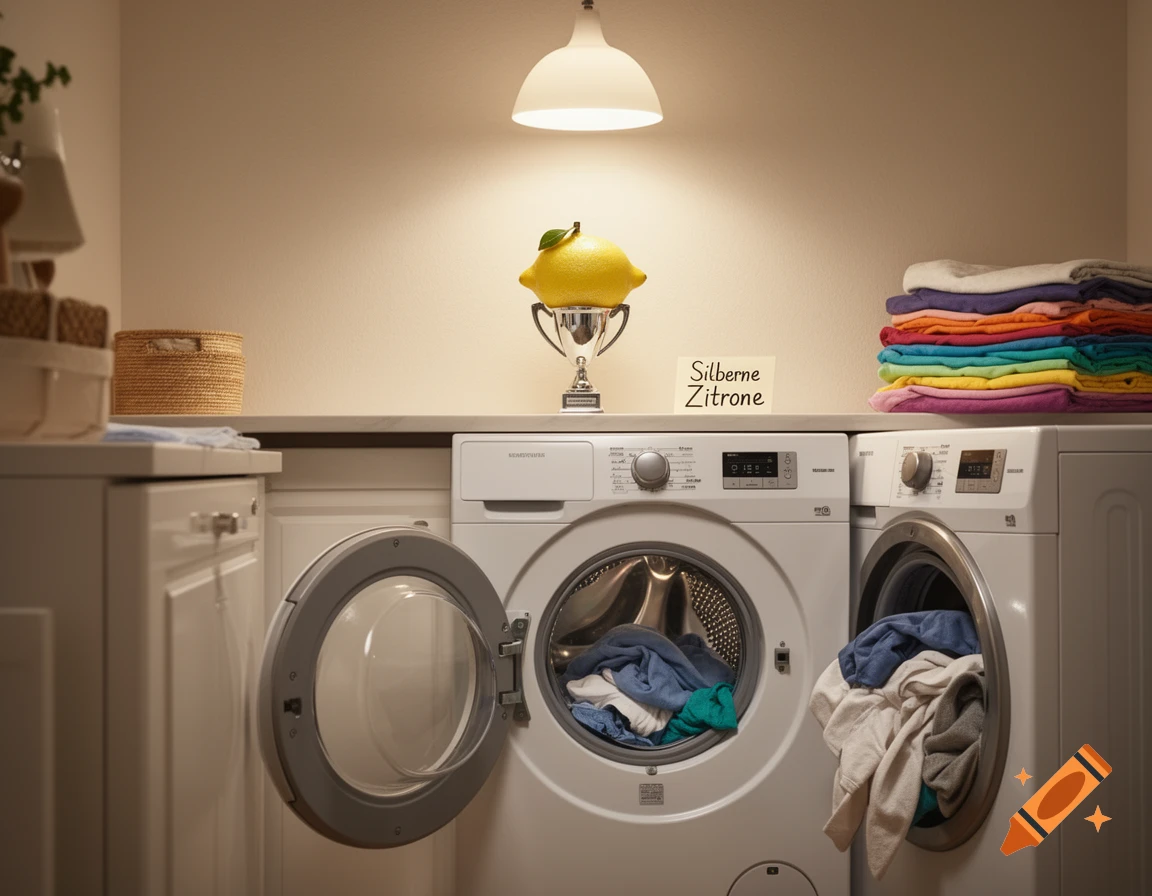 Photorealistic laundry room with two washing machines, clothes, a lemon on a trophy, and a 'Silberne Zitrone' sign.