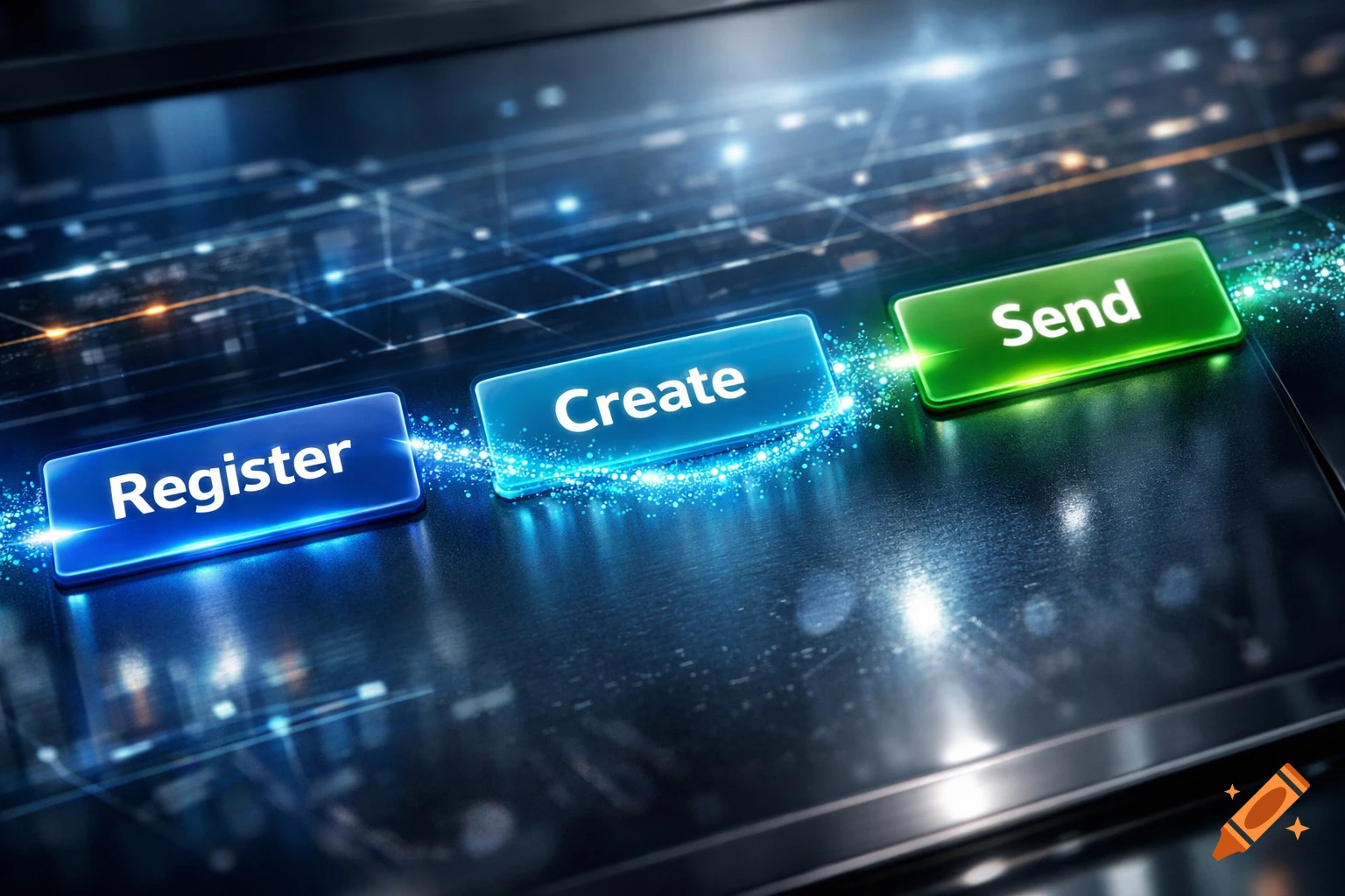 Three glowing digital buttons labeled Register, Create, and Send in blue and green, connected by sparkling light trails on a dark, tech-inspired background.