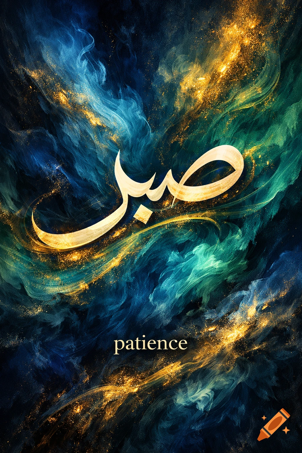 Golden Arabic calligraphy for 'Sabr' and the English word 'patience' on a swirling abstract background of blue, green, and gold.
