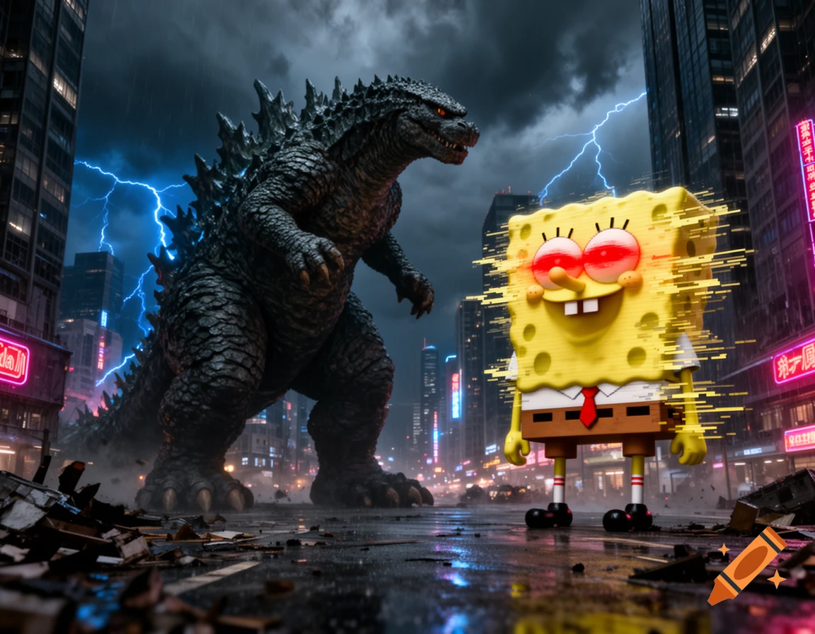 A massive Godzilla faces off against a glitched, red-eyed Spongebob in a dark, stormy city with lightning and destruction.