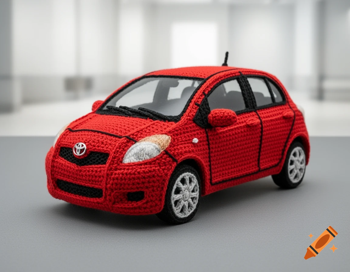 A vibrant red crochet Toyota Yaris 4-door hatchback sits on a gray surface, with a blurred light background.