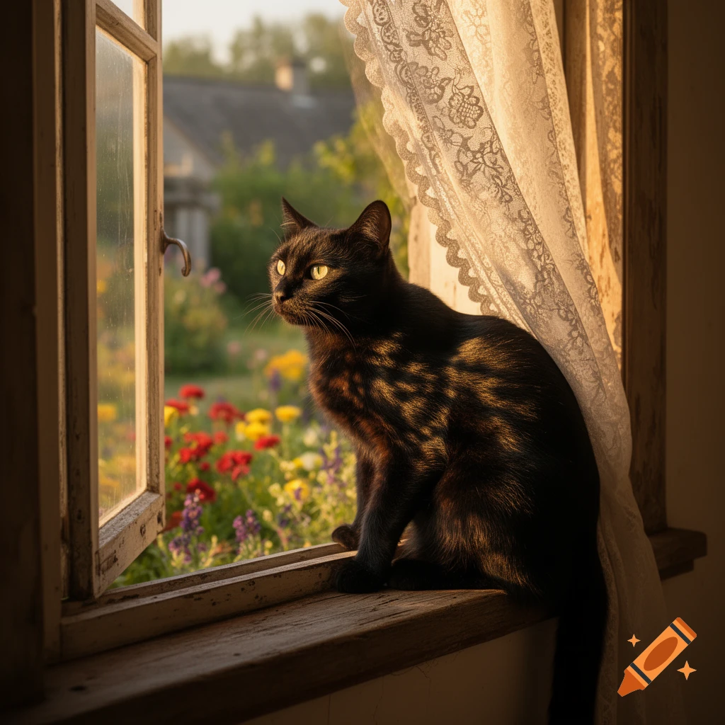 A black cat with golden eyes sits on a sunlit windowsill, looking out an open window at a vibrant garden.