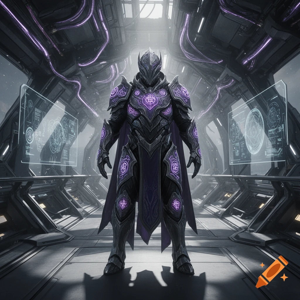 A dark armored figure with glowing purple details stands in a futuristic metallic corridor with holographic screens.