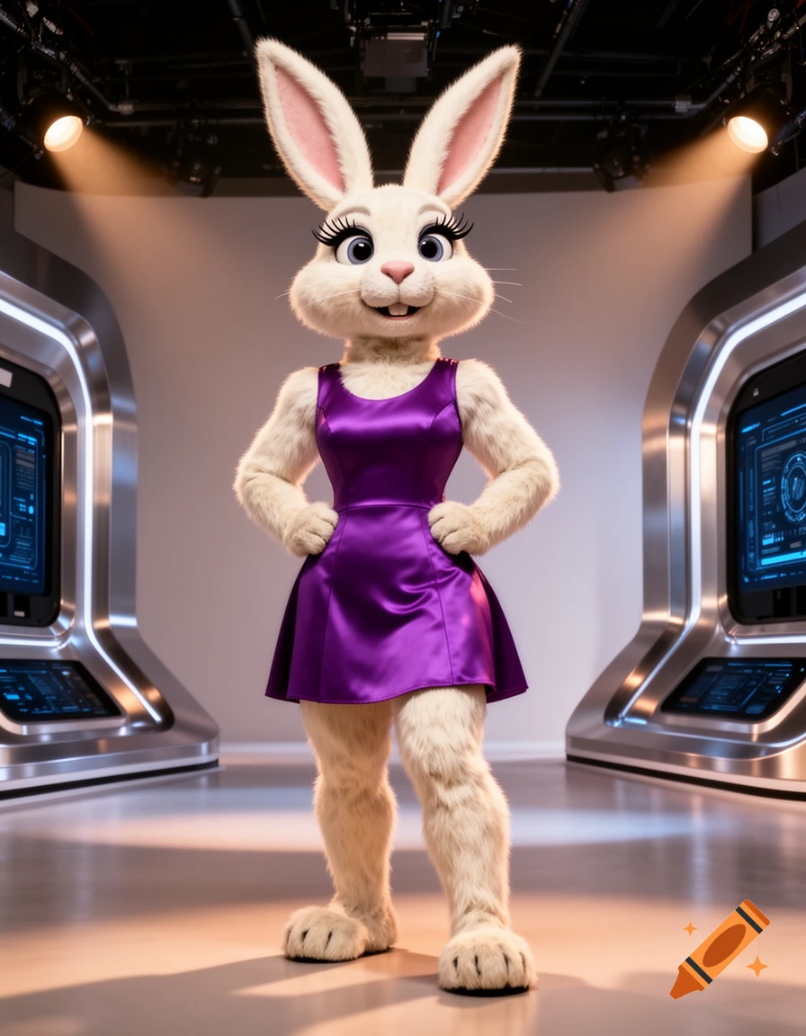A white anthropomorphic rabbit in a shiny purple dress stands in a ...