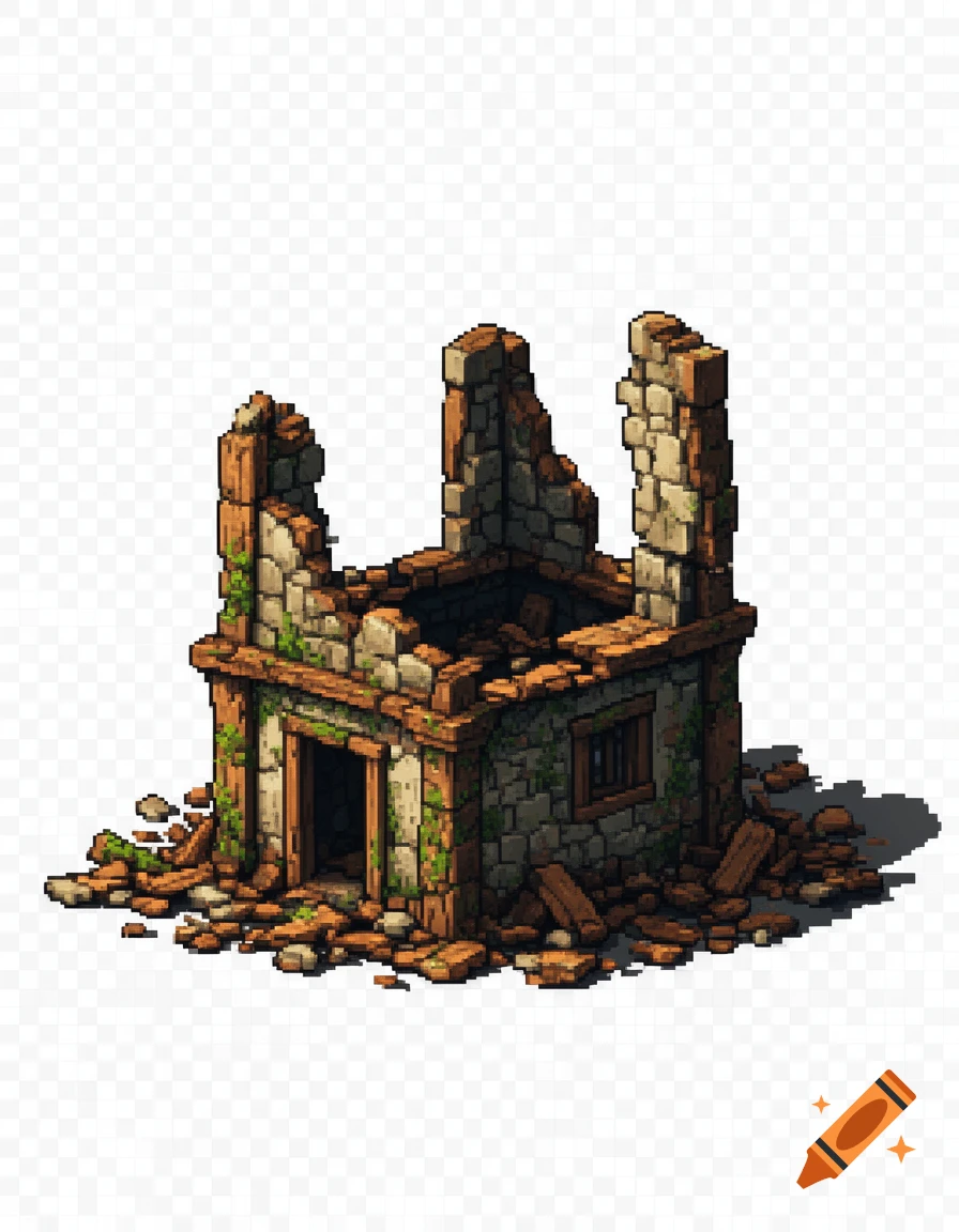 Isometric pixel art of a small ruined house with crumbling stone walls and wooden beams, surrounded by debris, on a transparent background.