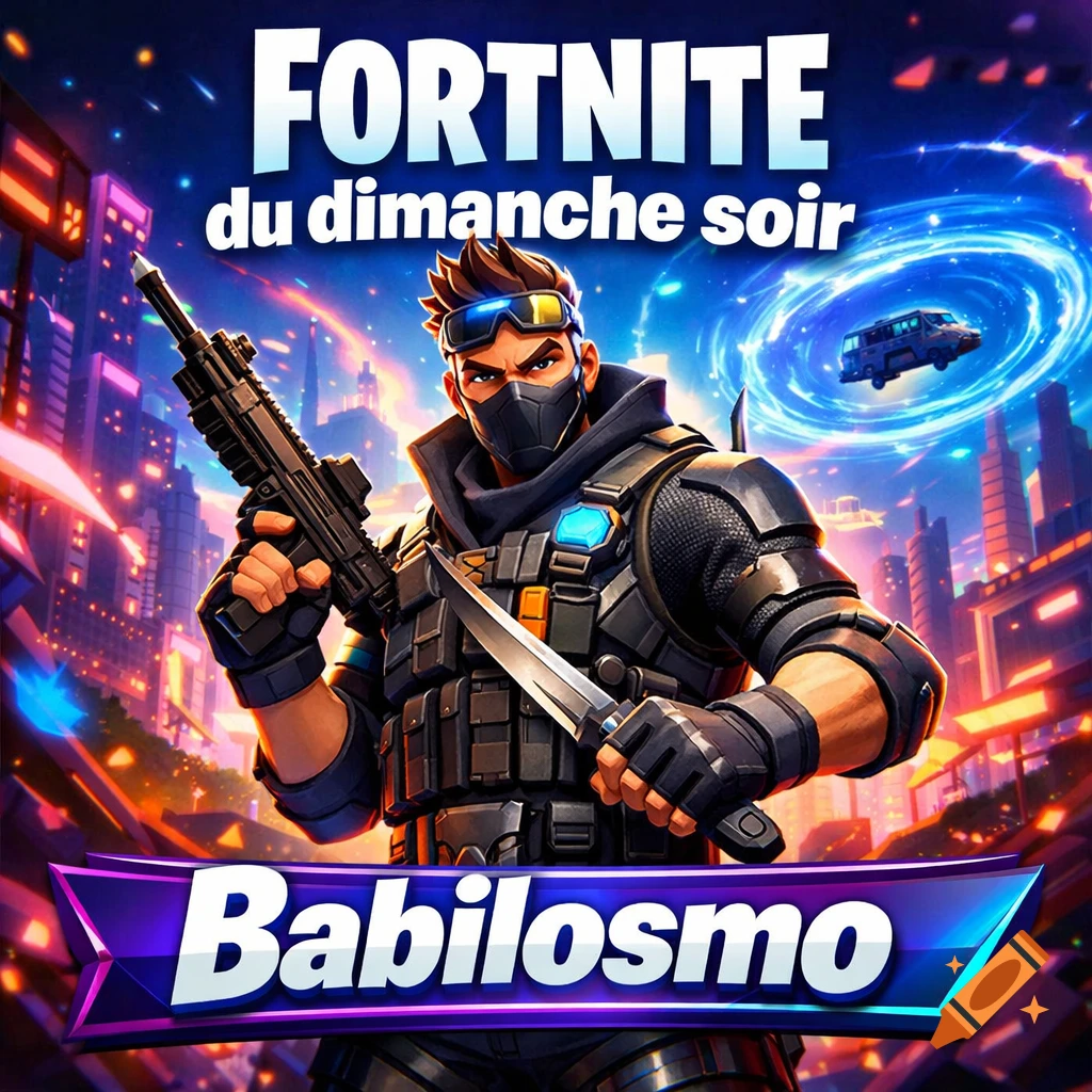 A Fortnite-style character in tactical gear holds a rifle and knife against a vibrant futuristic city backdrop with text 'Fortnite du dimanche soir' and 'Babilosmo'.