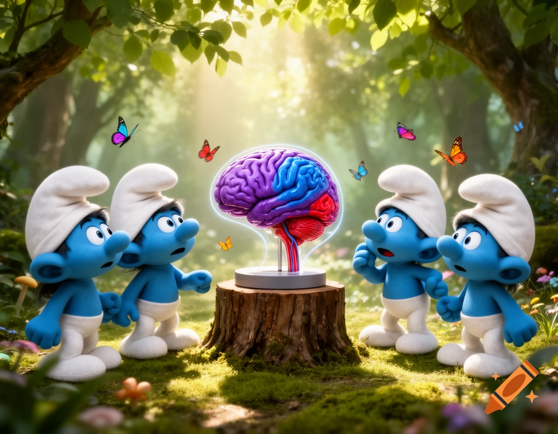 Four Smurfs curiously observing a glowing brain model on a tree stump in a lush forest with butterflies.