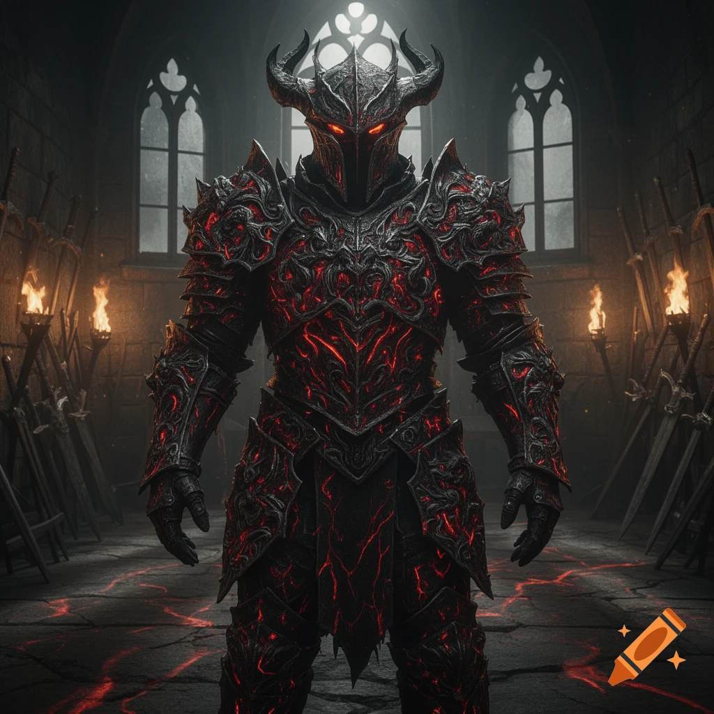 A horned knight in dark, hell-forged armor with glowing red eyes stands in a gothic hall with torches.