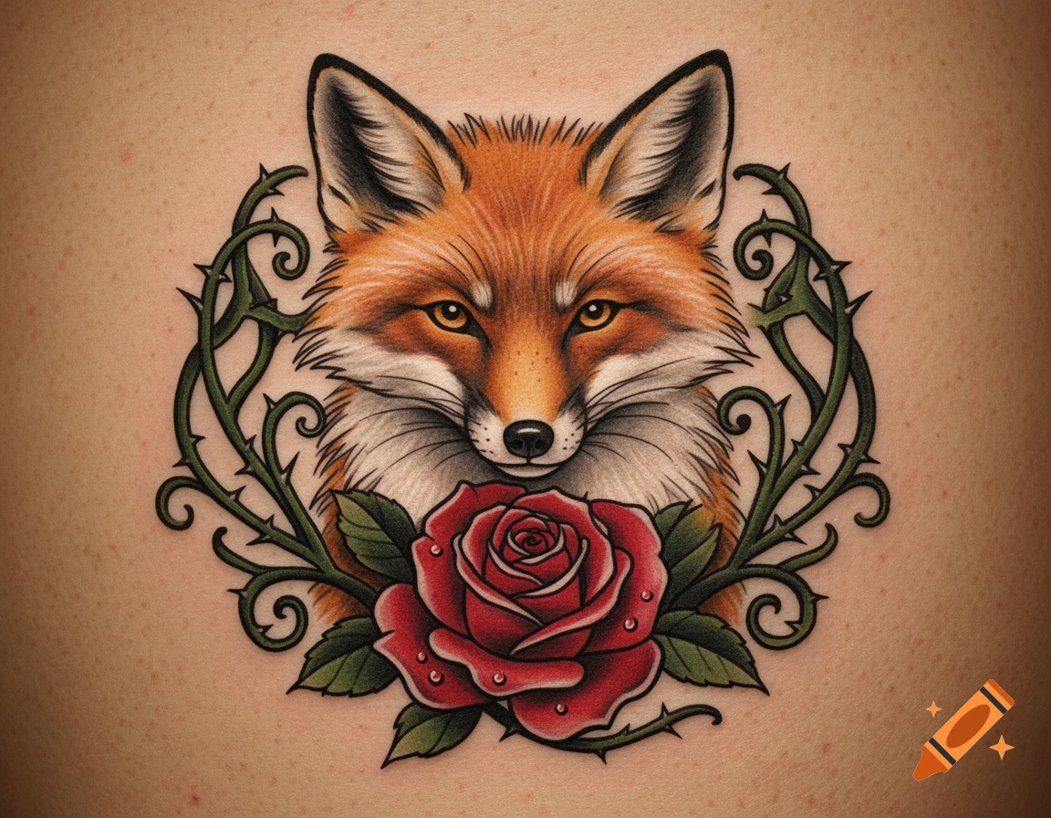 Old school tattoo of a fox head framed by thorny vines and a red rose at the bottom.