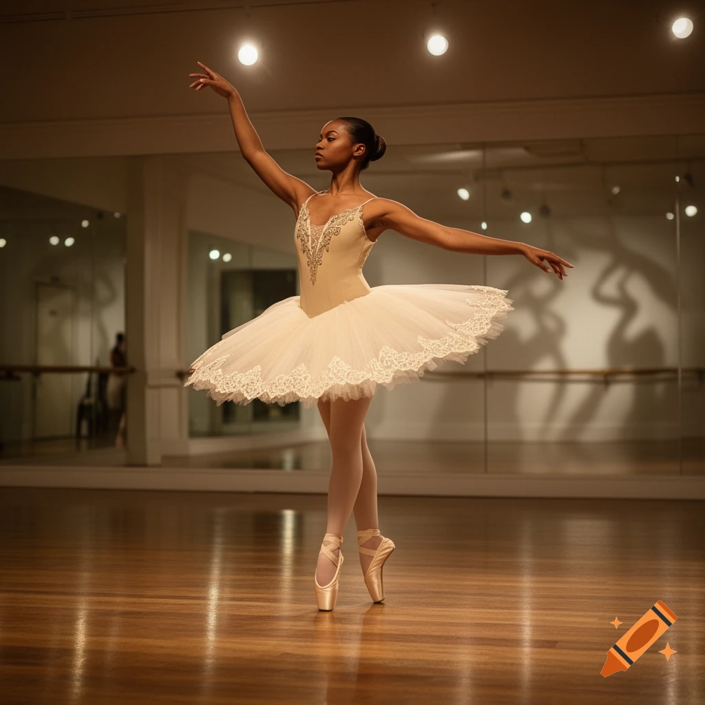 A photorealistic image of a ballerina posing on pointe in a studio with mirrors.