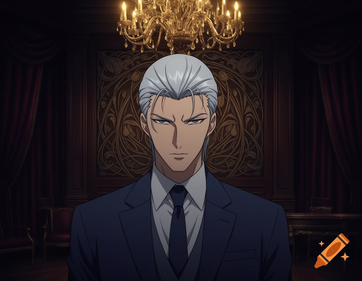 Anime-style portrait of a serious man with silver hair in a dark suit, standing in a luxurious room with a chandelier.