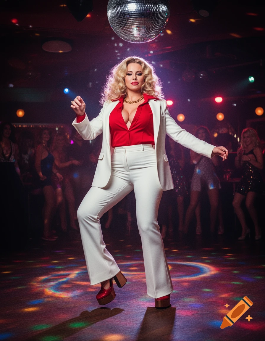 A woman in a white leisure suit and red shirt with a Farrah Fawcett hairdo dances under a disco ball in a 70s club.