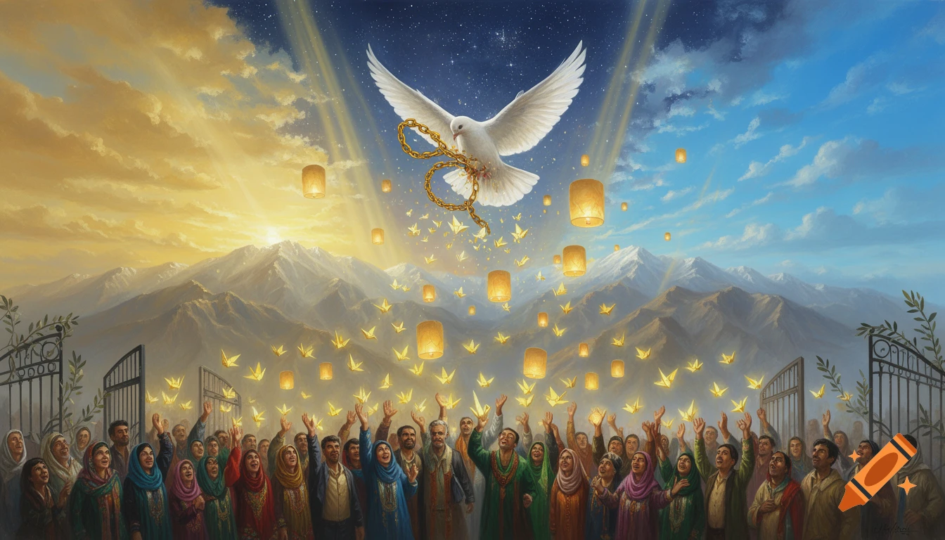 A symbolic painting of a white dove breaking golden chains, soaring above a diverse crowd releasing glowing lanterns and paper cranes against a mountainous sunset and starry sky.