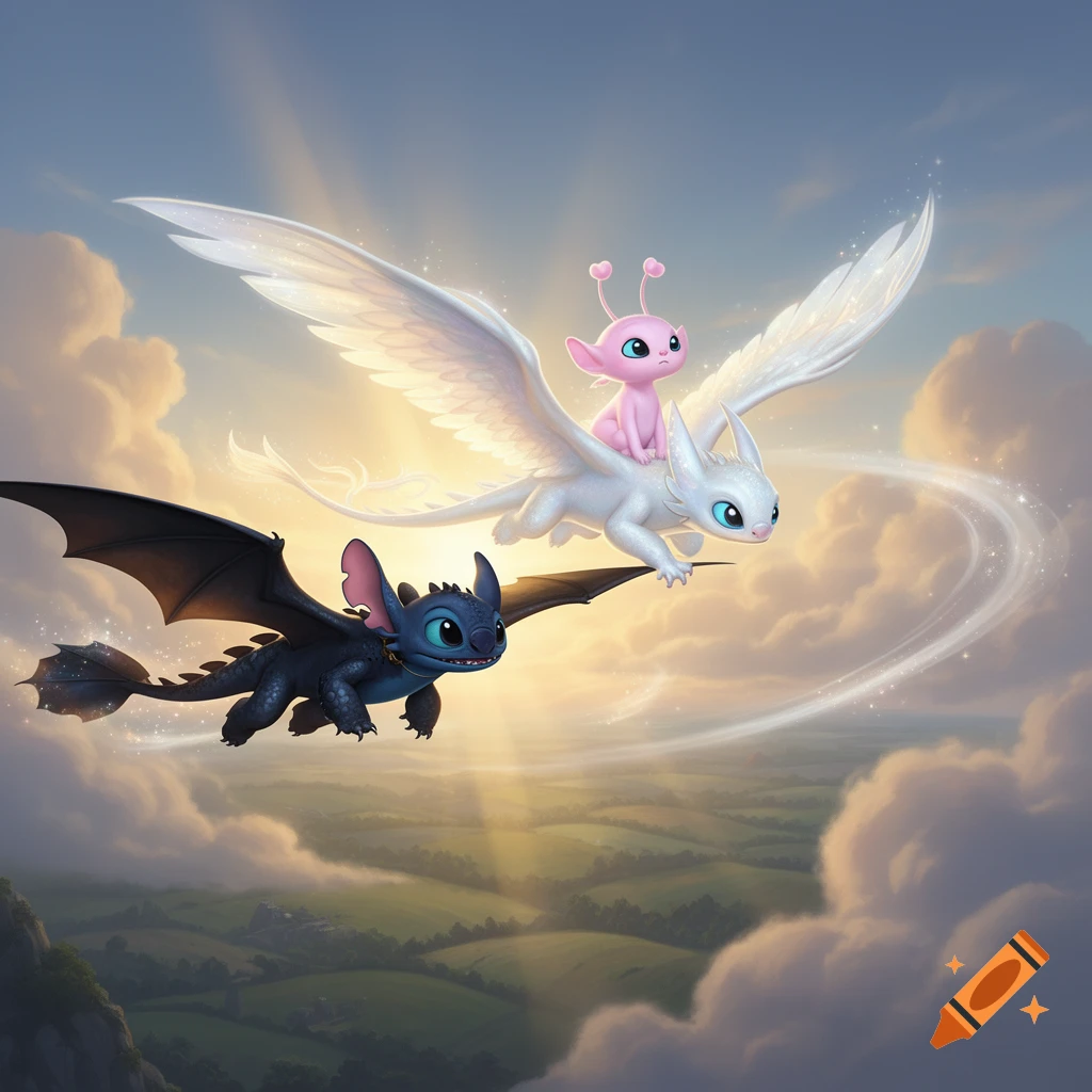 Cartoon Stitch as a black dragon and pink Angel riding a white dragon fly through a sunny, cloudy sky above green fields.